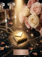 سلسلة مراسيل الحب ذهبية من Quorvella، بتصميم مظروف رسالة يفتح ليكشف عن عبارة "I love you" محفورة بدقة، موضوعة بأناقة بجانب باقة ورد طبيعي وعطور فاخرة.