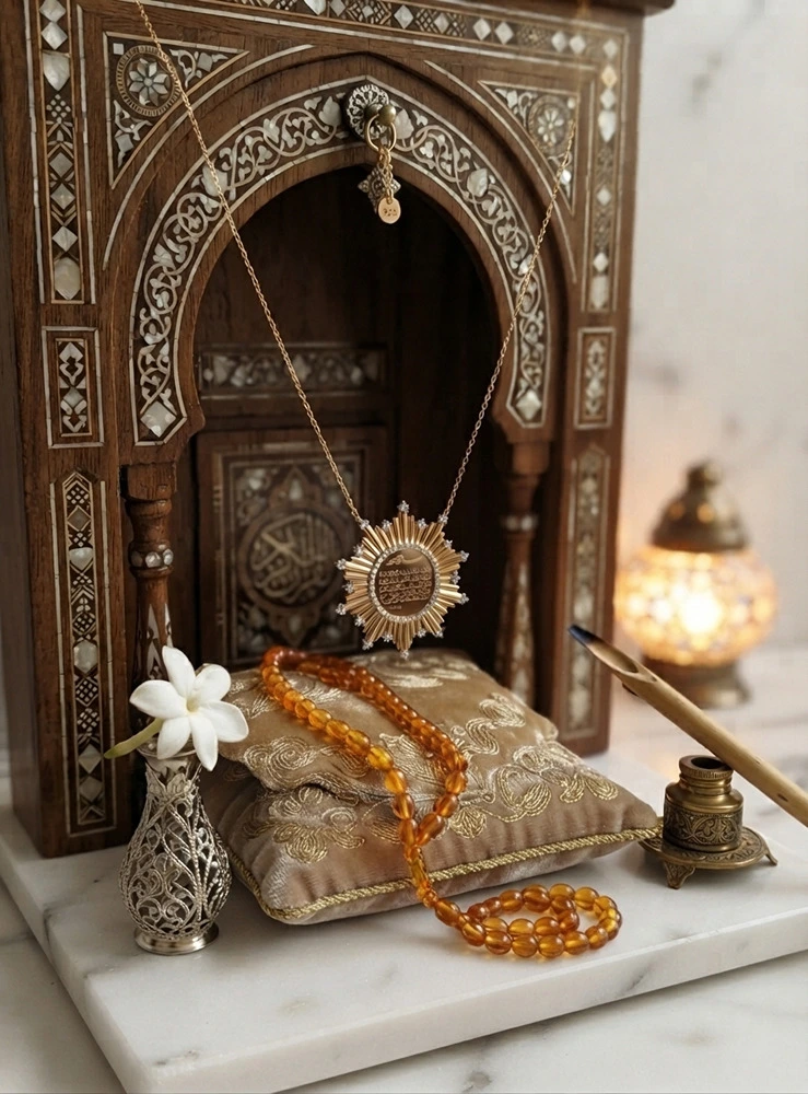 سلسلة شمس البركة4_4 سلسلة شمس البركة الذهبية من Quorvella المصنوعة من سلاسل ستانلس ستيل عالية الجودة ومطلية ذهب.